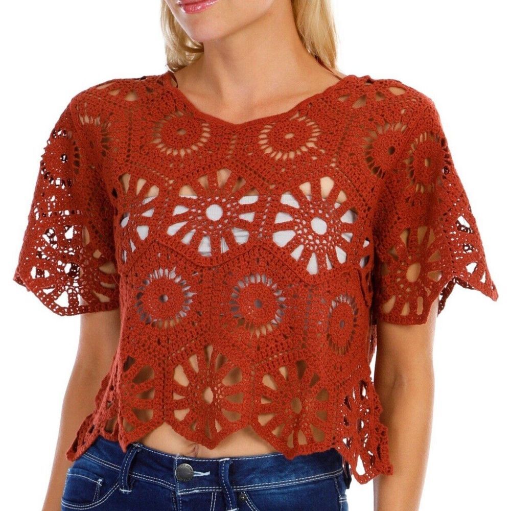 Rebellion Again NWT Burnt Orange Red Crochet Short Sleeve Size M Top‎ 100 Cotton
